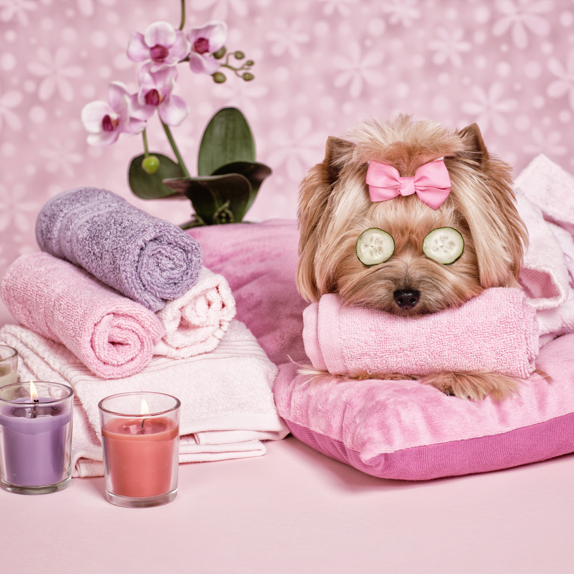 Cute tan girl dog wearing a pink bow and cucumbers in her eyes at a pink salon with purple and pink fluffy towels and candles by For SLiK Hound Miss Lady Collar Collection