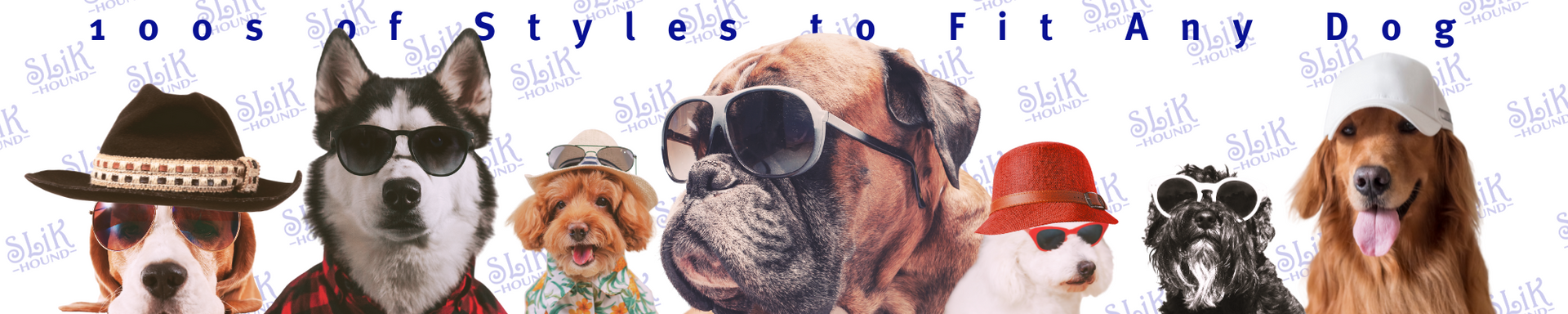 Promotional banner with images of dogs of different breeds, sizes, and colors wearing various accessories including sun glasses and cowboy hats, collars, and leashes, and text that says 100s of styles for dogs. With a white backdrop with the SLiK Hound logo repeating blue.