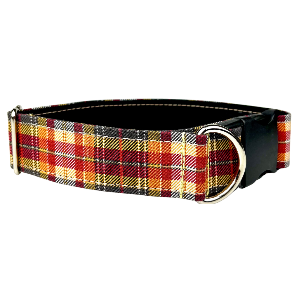 Red, yellow, black, and orange, Western Plaid dog and Cat collar by SLiK Hound on a white background