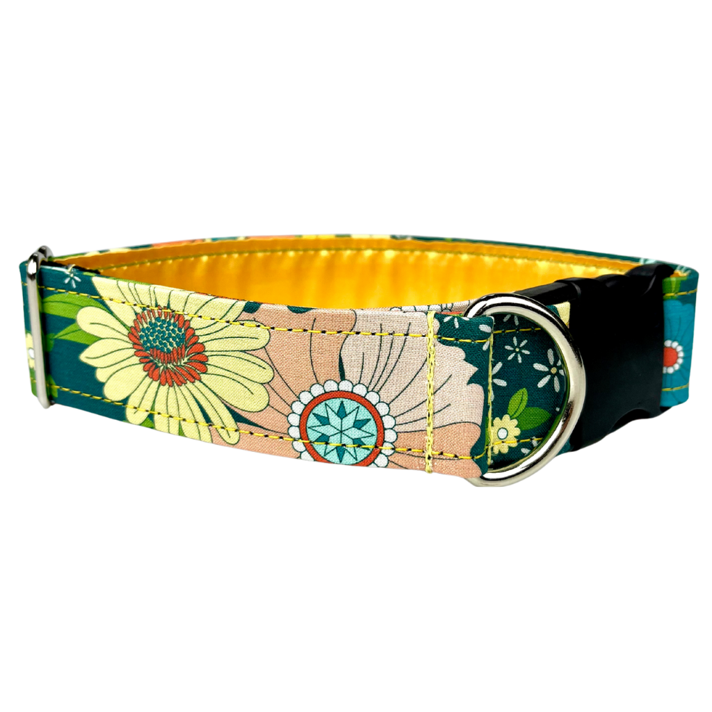 Floral Quilt patterned western dog collar by SLiK Hound with bright yellow, peach, and blue flowers against a lush green solid pictured with a white background