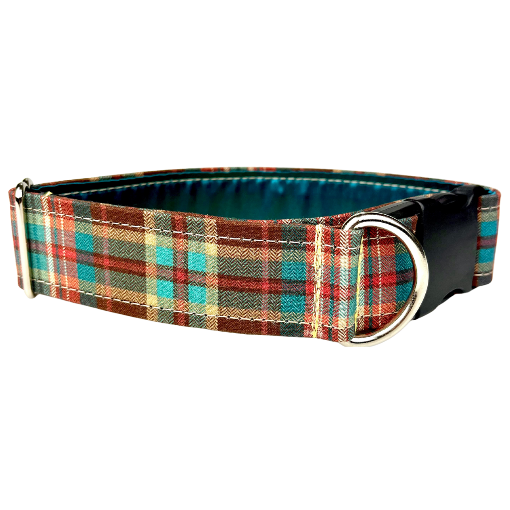 Plaid dog collar with brown, teal, and red on a white background