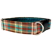 Plaid dog collar with brown, teal, and red on a white background