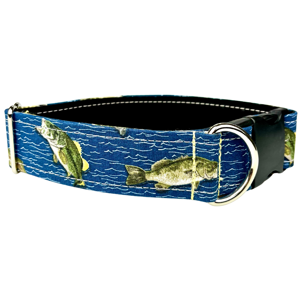 Western Dog and cat collar by SLiK Hound with fish pattern with bass and crappie on a blue background pictures with a white background.