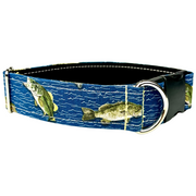 Western Dog and cat collar by SLiK Hound with fish pattern with bass and crappie on a blue background pictures with a white background.