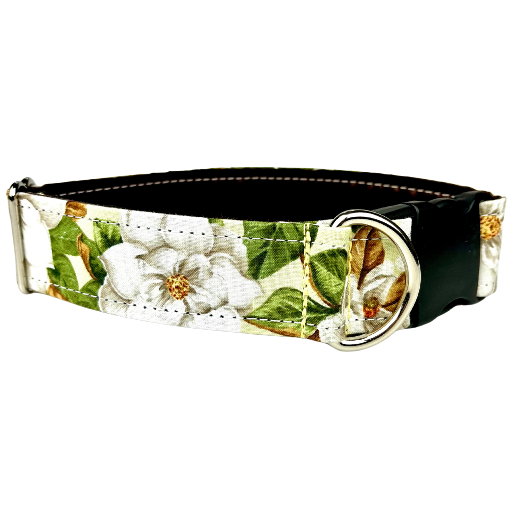 Western Dog collar by slik hound with white wedding floral pattern against warm green and brown tones. Pictured against a white backdrop