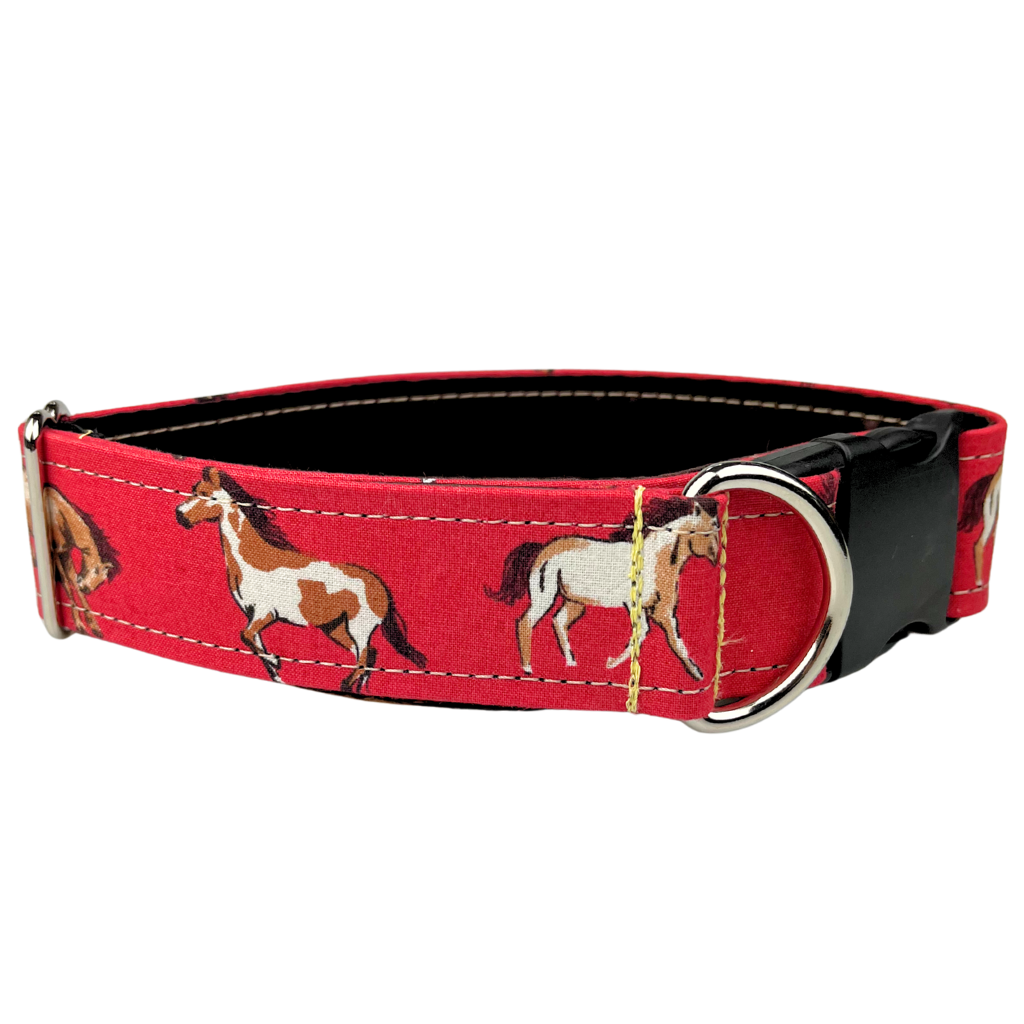 Red Dog collar with horse pattern by SLiK Hound pictured with a white background