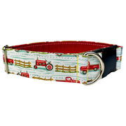 Dog and cat collar by SLiK Hound with red tractors and red trucks pattern with light blue on a white background