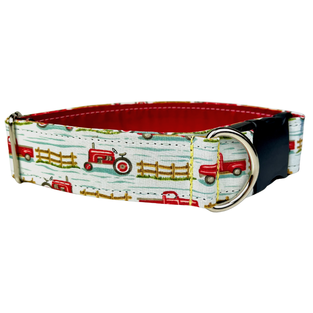 Dog and cat collar by SLiK Hound with red tractors and red trucks pattern with light blue on a white background