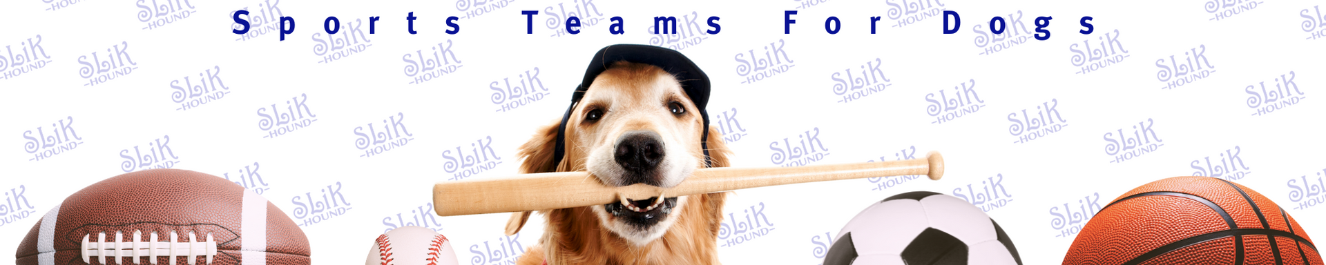 Promotional banner of golden retriever dog holding a baseball bat in mouth with sports balls and text 'Sports Teams For Dogs' on a white background with SLiK Hound logo repeating.