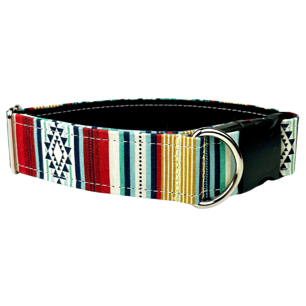 Western Dog collar by SLiK Hound with colorful geometric horse blanket inspired pattern shown against a white background