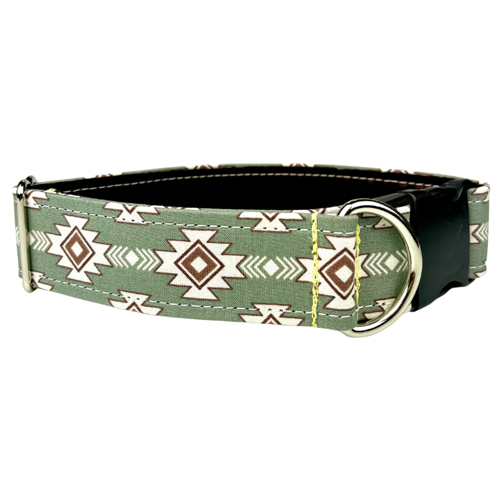 Western Green and Brown dog and cat collar with geometric southwest  cowboy pattern pictured with  a white background