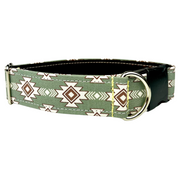Western Green and Brown dog and cat collar with geometric southwest  cowboy pattern pictured with  a white background