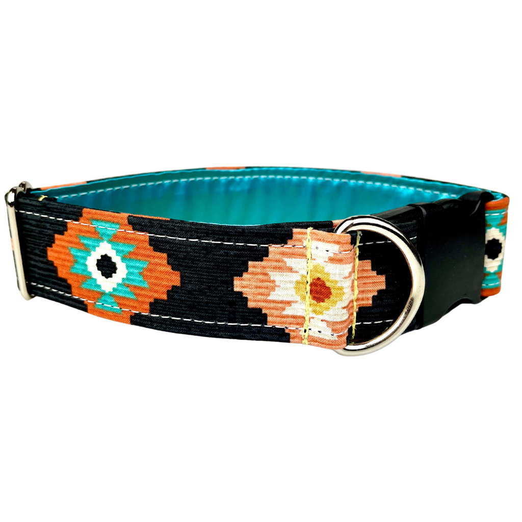 Western Dog and Cat collar by SLiK Hound with geometric Aztec pattern of black brown and turquoise on a white background
