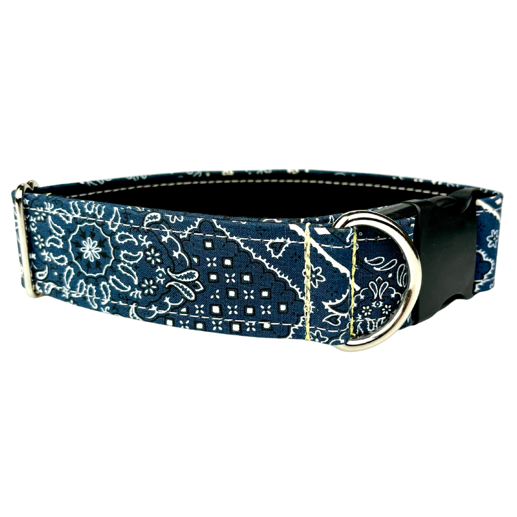 Western Blue bandana-patterned dog collar by SLiK Hound with a white backdrop
