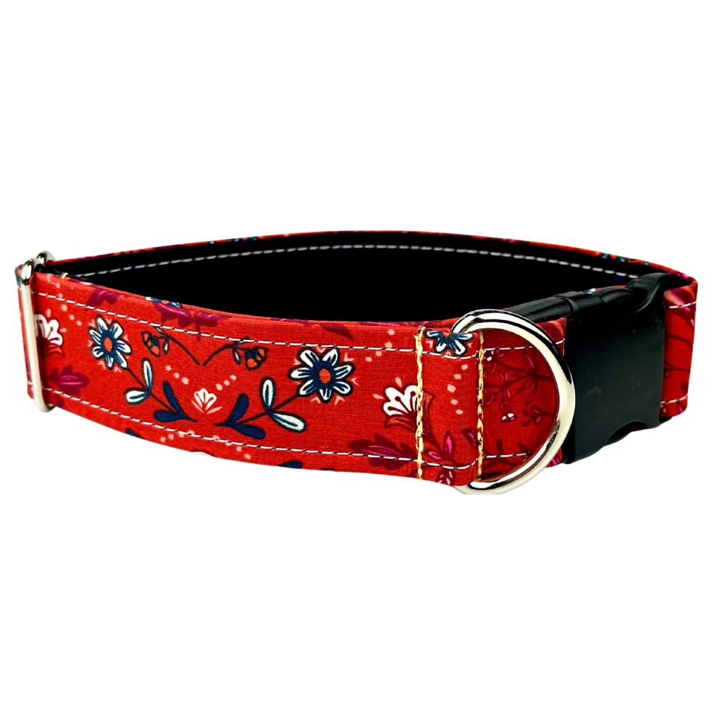 Red and navy floral-patterned Western dog collar by SLiK Hound pictured with a white background
