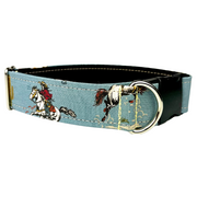 Western Dog collar with horse design and cowboy  on a light blue print by SLiK Hound against a white background