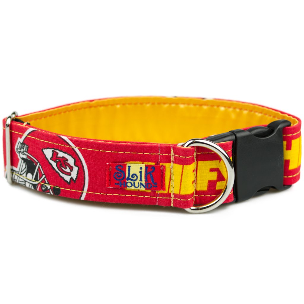 Red Kansas City Chiefs Dog Collar with gold interior satin lining, and black plastic buckle. 