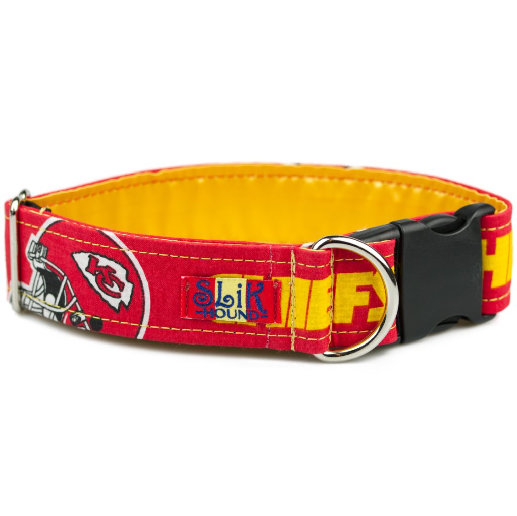 Red Kansas City Chiefs Dog Collar with gold interior satin lining, and black plastic buckle. with white background