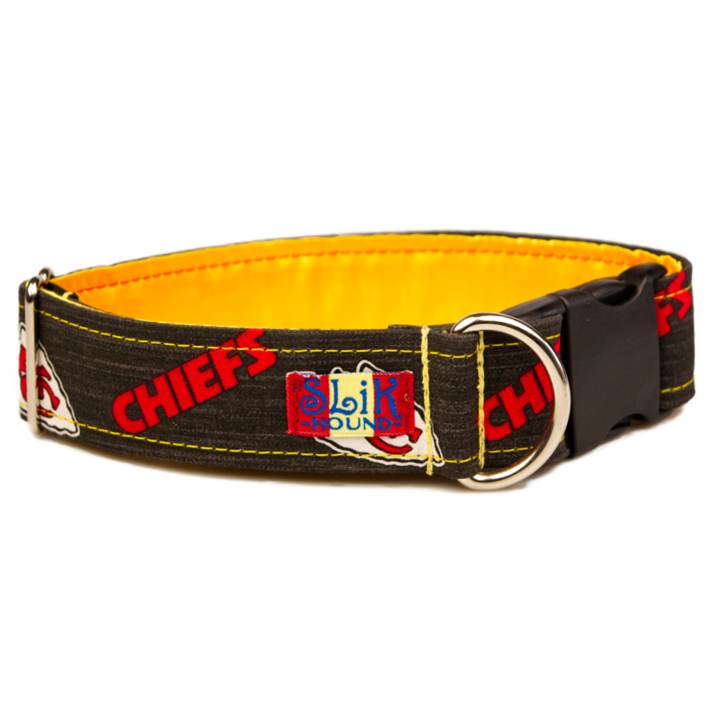 Handmade Kansas City Chiefs Dog Collar with Black exterior and Gold Interior and Black Plastic buckle.